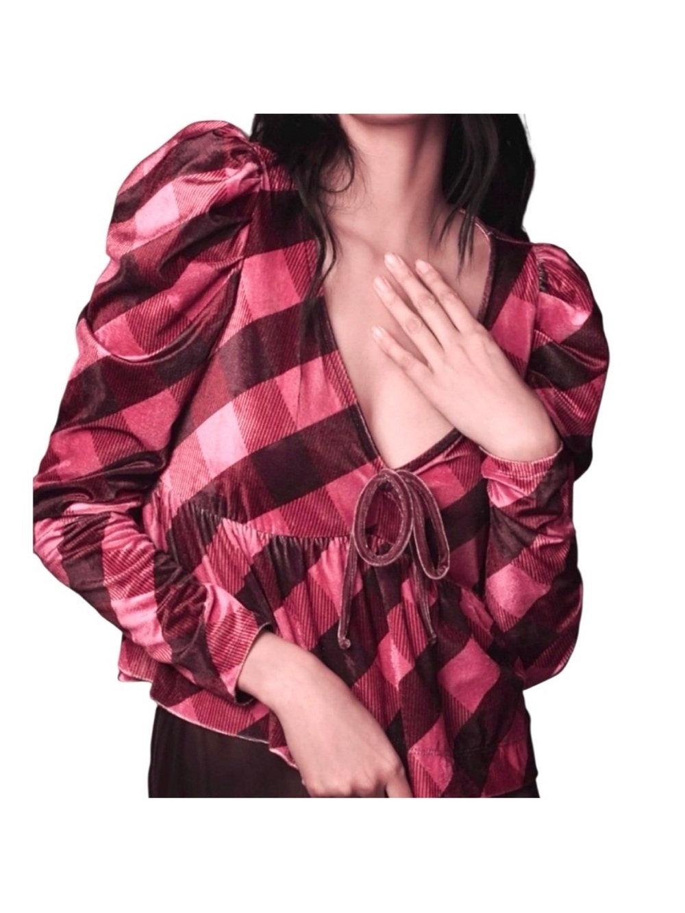 NWT Anthropologie Maeve Velvet
Babydoll Top Burgundy Pink Plaid Size Large